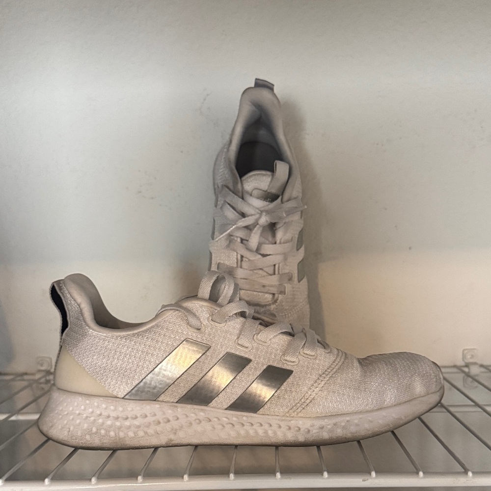 Adidas White Sneakers with Silver Stripes
